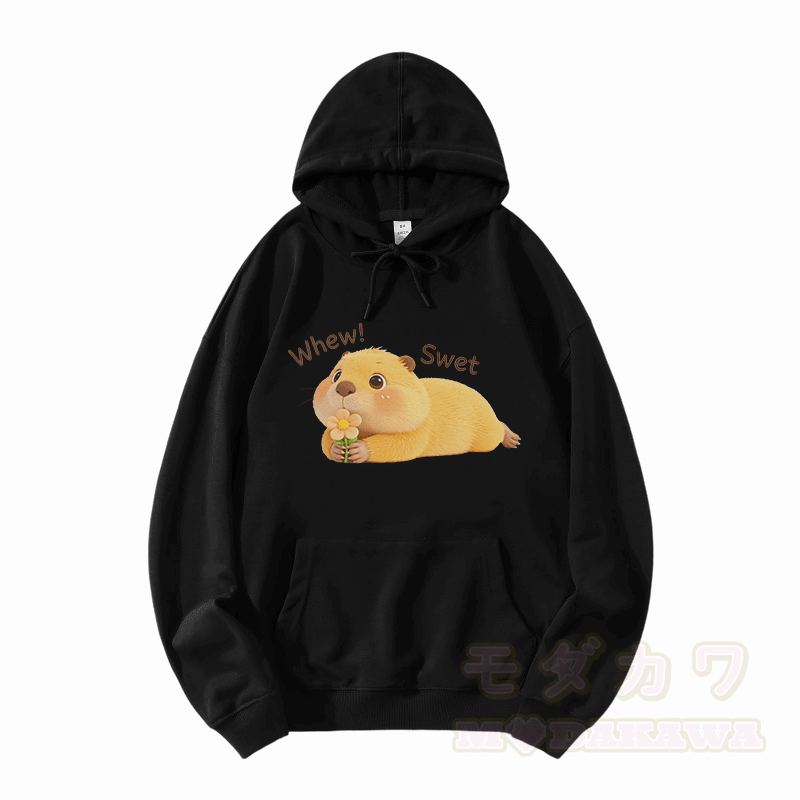 ふぅ、スウィート！カピバラ柄Modakawaルーズコットンブレンドパーカー - 黒 - 5XL - image 3