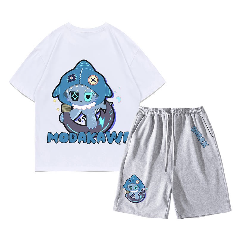 遊び心のあるサメのグラフィックがダークな美的Tシャツとショーツの2点セット - ホワイト＆グレー - C - 5XL - image 12