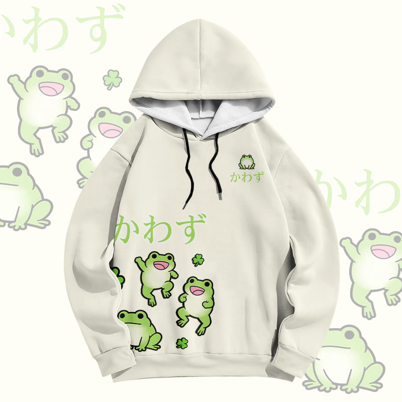 グラデーションのおもしろカエルグラフィック入りModakawaプルオーバーパーカー - Beige - 6XL - image 2