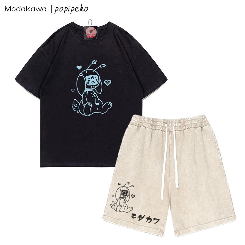 ロボットバニー グラフィックTシャツ ヴィンテージウォッシュドショーツ 2点セット - Black&Apricot - 3XL - image 6