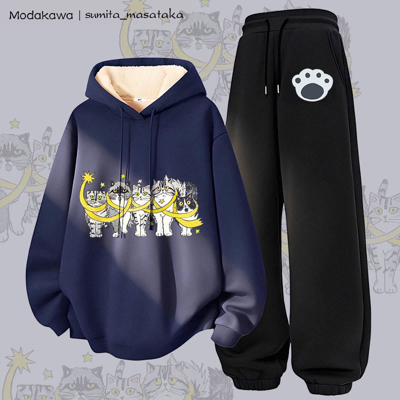 MODAKAWA X sumita_masataka 星に包まれた猫のグラフィック 厚手裏起毛パーカーパンツ 2点セット - Purplish Blue&Black - 5XL - image 3