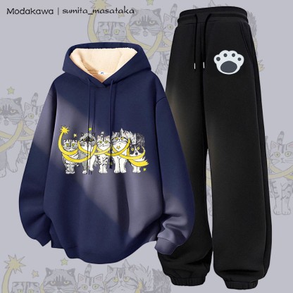 MODAKAWA X sumita_masataka 星に包まれた猫のグラフィック 厚手裏起毛パーカーパンツ 2点セット - Purplish Blue&Black - 5XL - image 3