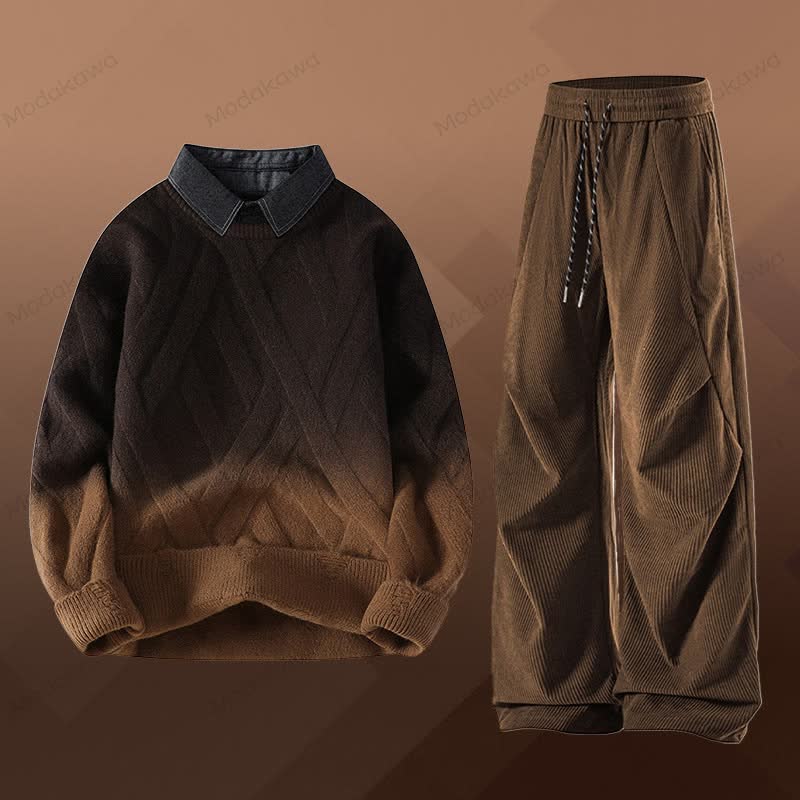 フェイクレイヤードニットセーター コーデュロイパンツ ツーピース - セットG - 3XL - image 7