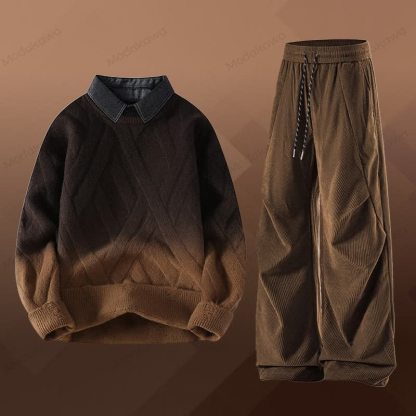 フェイクレイヤードニットセーター コーデュロイパンツ ツーピース - セットG - 3XL - image 7