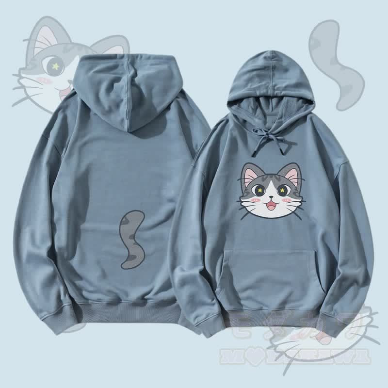 MODAKAWA 猫の顔と尻尾のグラフィック ストリートウェア プルオーバー パーカー - ダスティブルー - 5XL - image 3