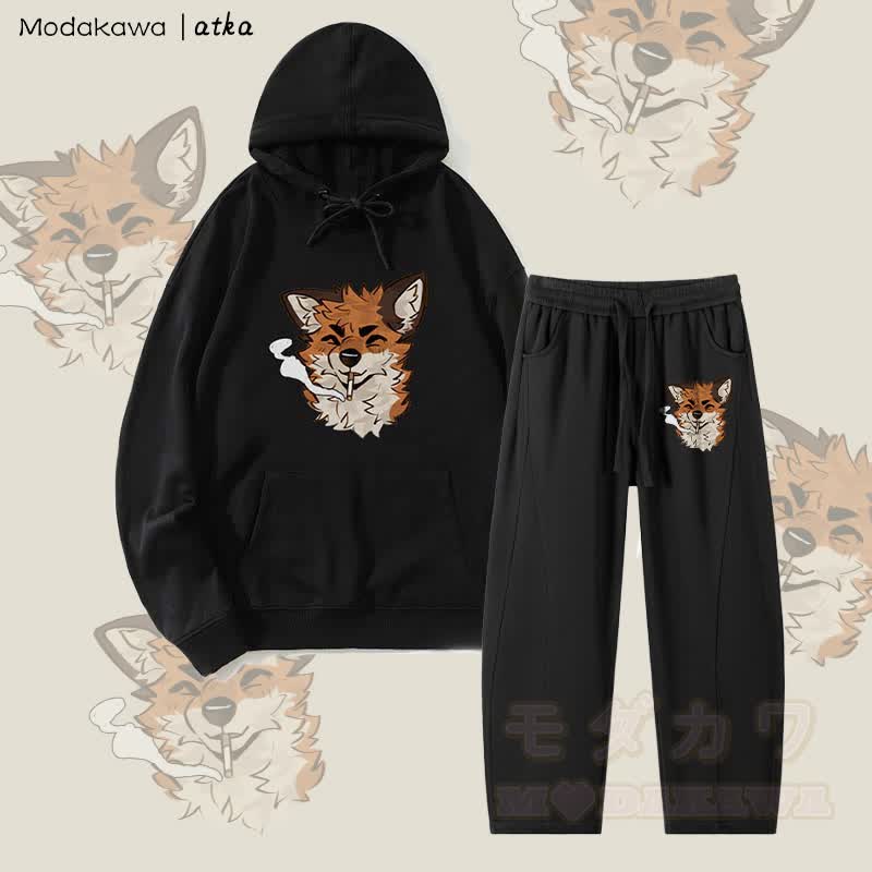 MODAKAWA X atka Fox スモーキンググラフィックパーカー メンズ ドローストリングパンツ 2ピースセット - 黒 - 4XL - image 7