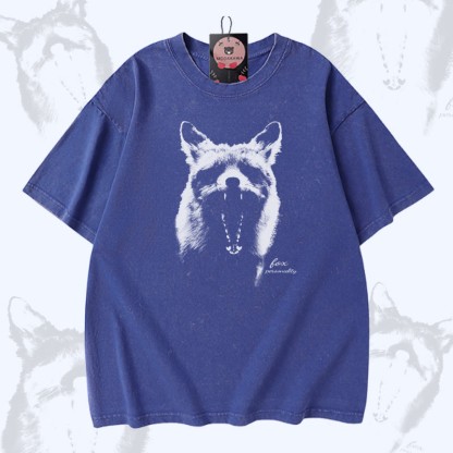 Roaring Fox グラフィックModakawaユニセックス ヴィンテージウォッシュド Tシャツ - Blue - 5XL - image 2