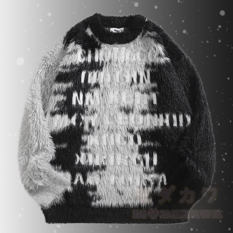 レターファジーカラーブロックセーターコーデュロイパンツツーピース - 黒のセーター - 2XL - image 5