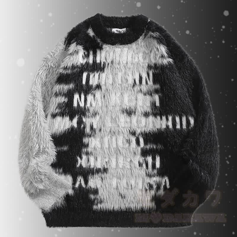 レターファジーカラーブロックセーターコーデュロイパンツツーピース - 黒のセーター - 2XL - image 5