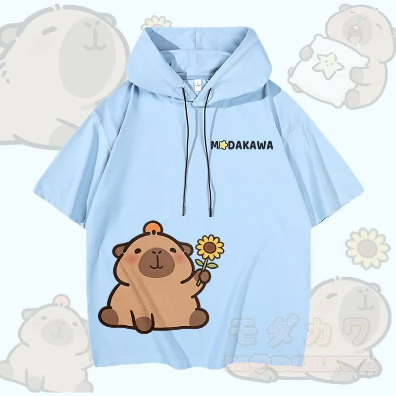 ひまわりとカピバラのグラフィック柄のModakawa半袖パーカー - スカイブルー - 3XL - image 3