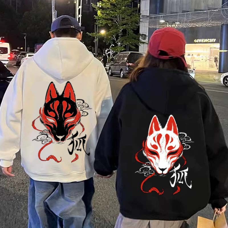 Modakawaガールフレンド ボーイフレンド ヴィンテージ フォックスマスク グラフィック フリース裏地 パーカー - White - 5XL - image 1