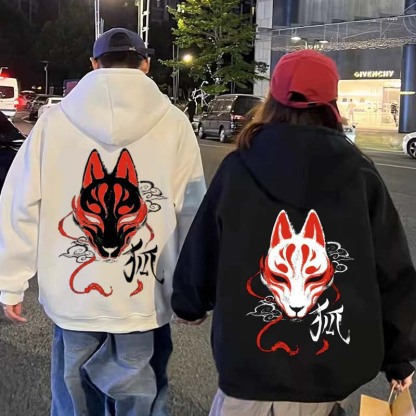 Modakawaガールフレンド ボーイフレンド ヴィンテージ フォックスマスク グラフィック フリース裏地 パーカー - White - 5XL - image 1