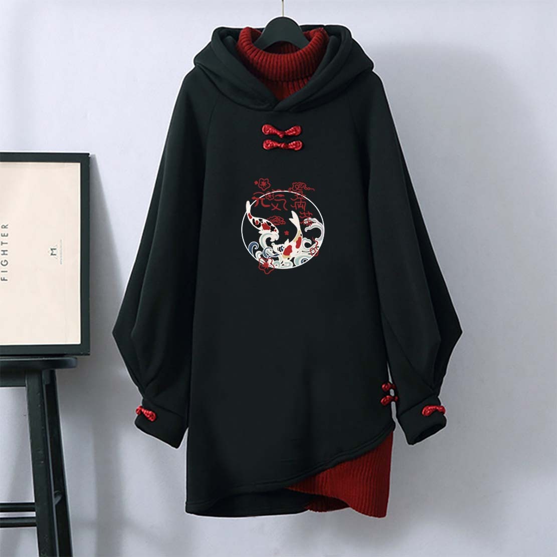 Modakawaスイートプリントカラーブロック フード付き ヴィンテージ スウェットシャツ ドレス - Black - 3XL - image 1
