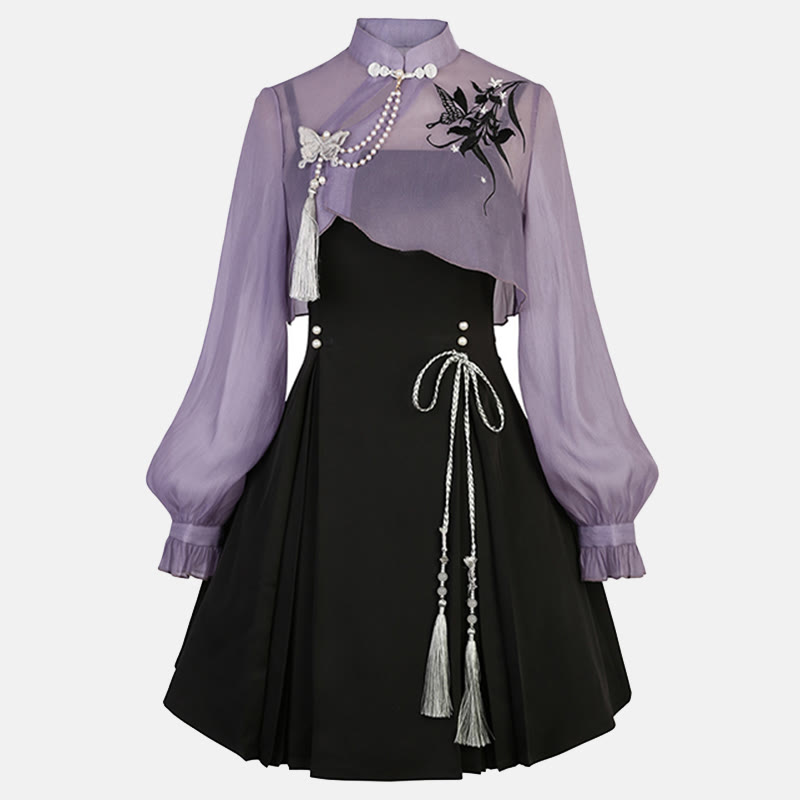 3Dバタフライパール装飾トップレースアップスリップドレス - image 1