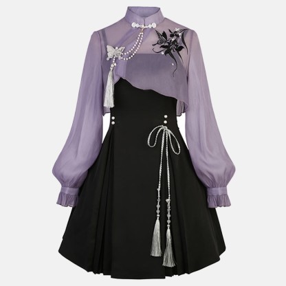 3Dバタフライパール装飾トップレースアップスリップドレス - image 1