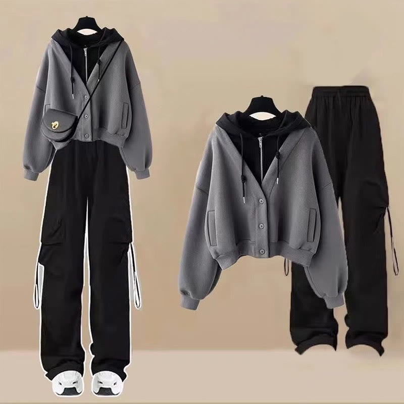 カラーブロックポケットジッパーパーカーカーゴパンツマッチングアウトフィット - Grey Top+Pants - 3XL - image 1