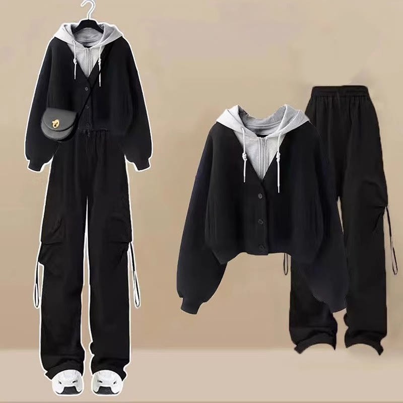 カラーブロックポケットジッパーパーカーカーゴパンツマッチングアウトフィット - Black Top+Pants - 3XL - image 3