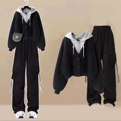 カラーブロックポケットジッパーパーカーカーゴパンツマッチングアウトフィット - Black Top+Pants - 3XL - image 3