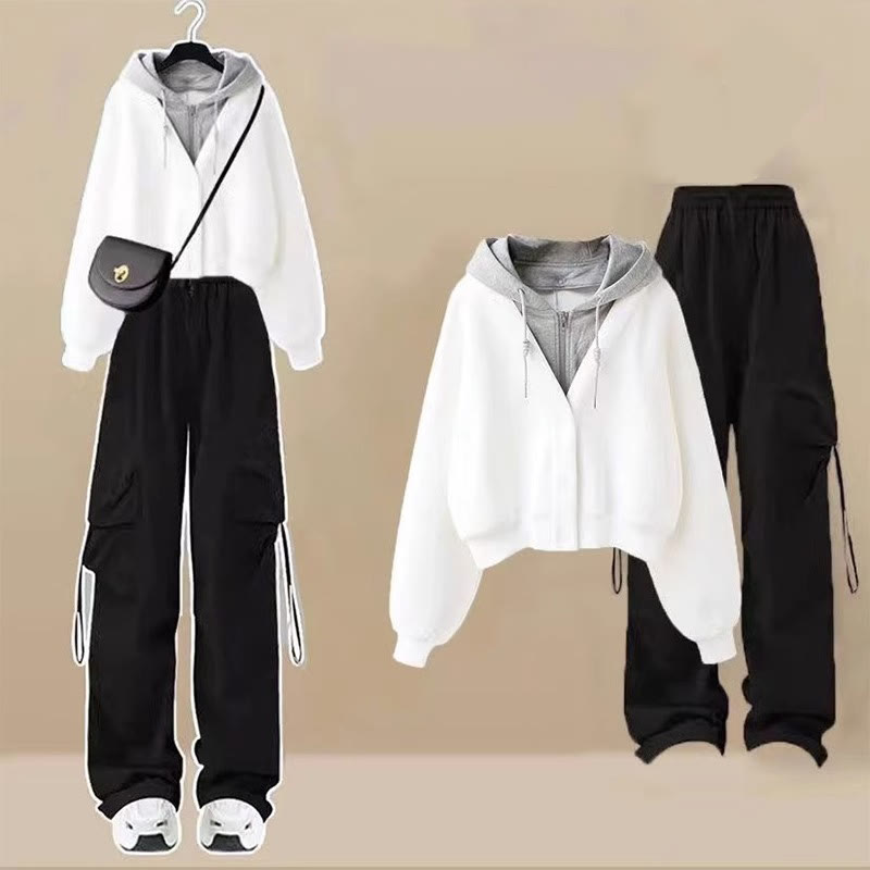 カラーブロックポケットジッパーパーカーカーゴパンツマッチングアウトフィット - White Top+Pants - 3XL - image 2