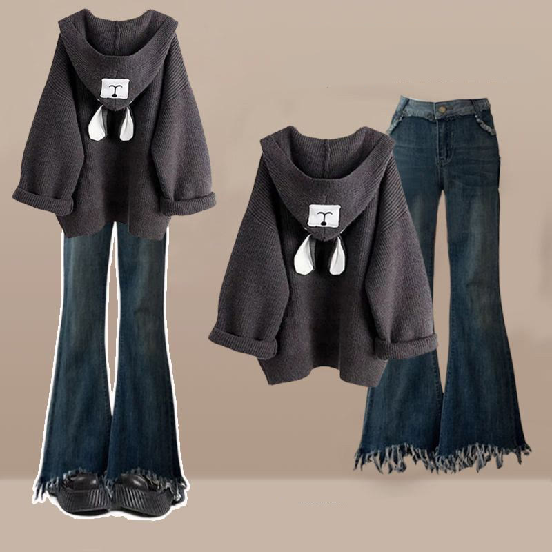 クマ耳セーターとスキニーフレアジーンズのマッチングコーデ - Sweater+Jeans - 4XL - image 1