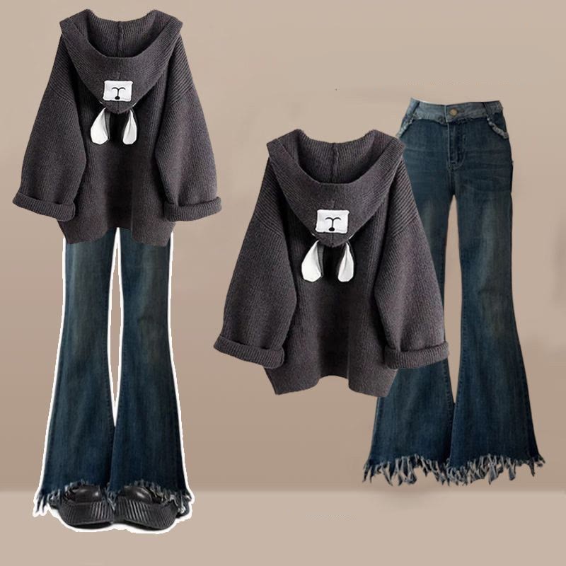 クマ耳セーターとスキニーフレアジーンズのマッチングコーデ - Sweater+Jeans - 4XL - image 1