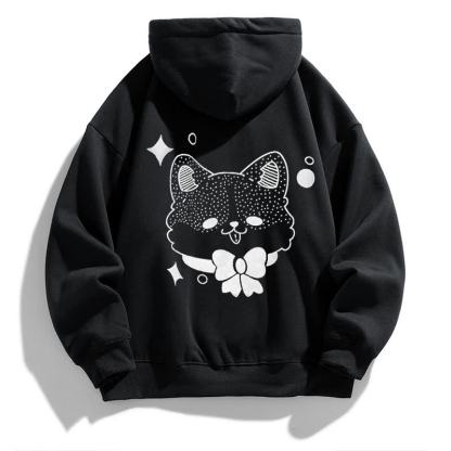 Modakawaガールフレンド ボーイフレンド キテ​​ィ グラフィック フリース 裏地 パーカー - Black - 5XL - image 5