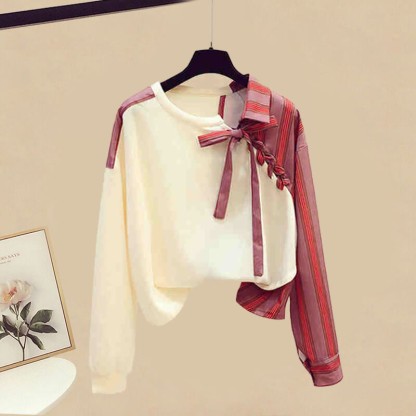 ストライプカラーブロックレースアップトップスとヴィンテージデニムパンツのマッチングアウトフィット - Top - 3XL - image 2