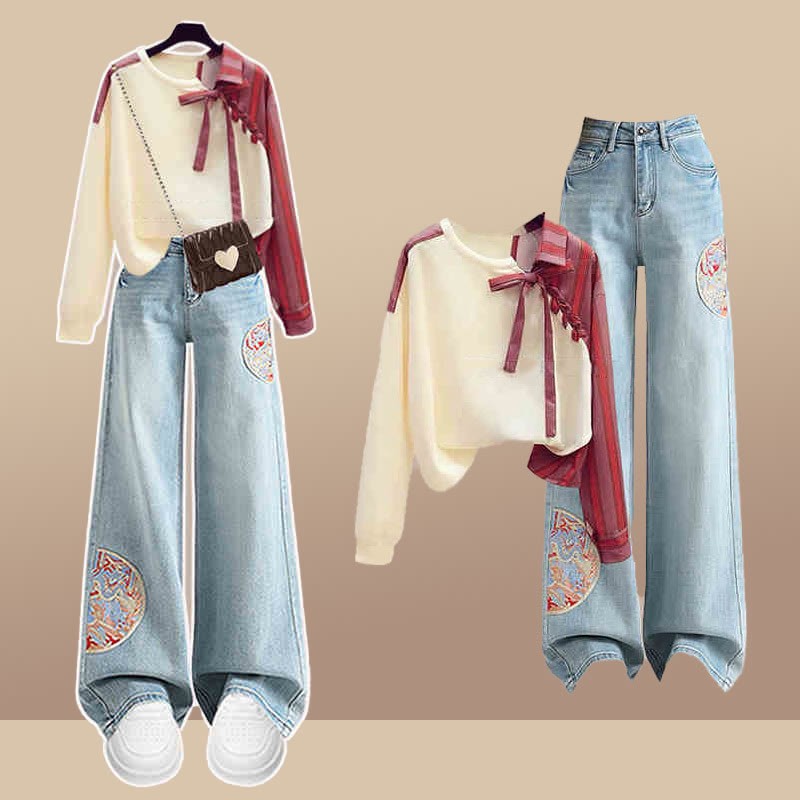 ストライプカラーブロックレースアップトップスとヴィンテージデニムパンツのマッチングアウトフィット - Set - 3XL - image 1