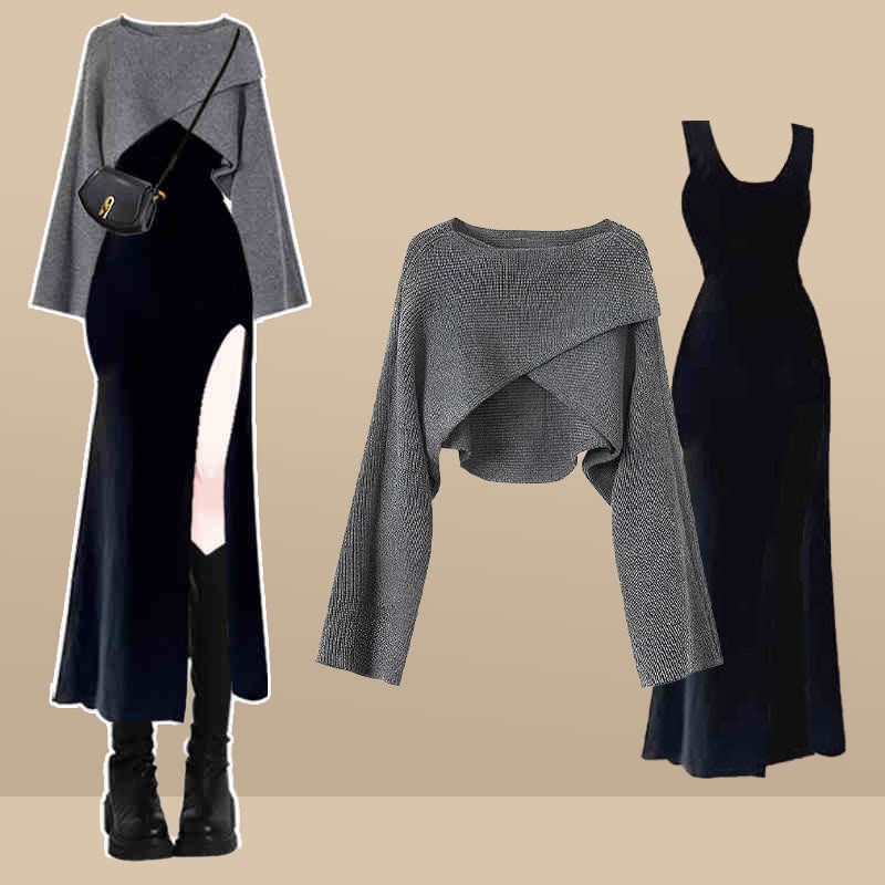 イレギュラークロスセータースリットスリップドレスマッチングアウトフィット - Set A - XL - image 1