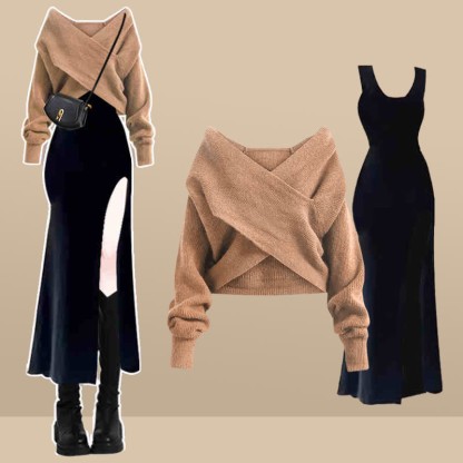 イレギュラークロスセータースリットスリップドレスマッチングアウトフィット - Set D - XL - image 4