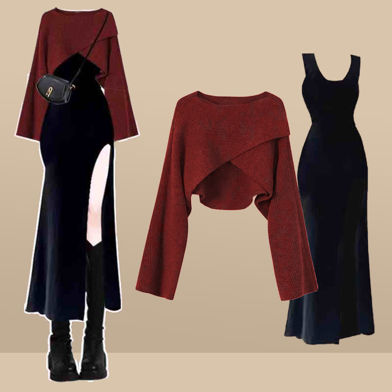 イレギュラークロスセータースリットスリップドレスマッチングアウトフィット - Set C - XL - image 3