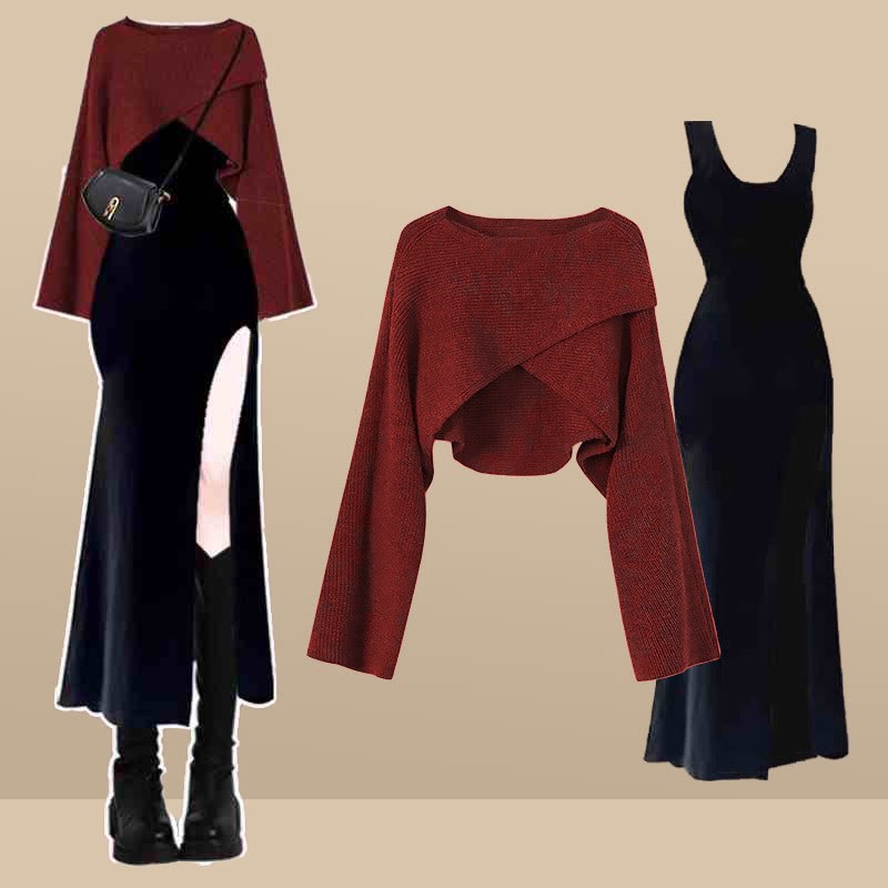 イレギュラークロスセータースリットスリップドレスマッチングアウトフィット - Set C - XL - image 3