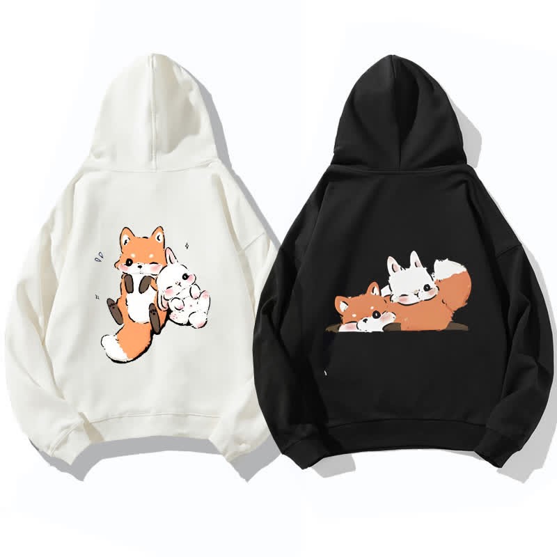 Modakawaガールフレンド ボーイフレンド 漫画 フォックス バニー グラフィック フリース 裏地 パーカー - image 2