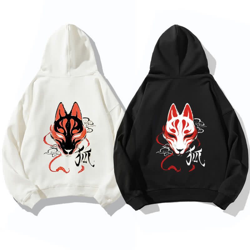 Modakawaガールフレンド ボーイフレンド ヴィンテージ フォックスマスク グラフィック フリース裏地 パーカー - image 2