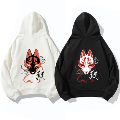 Modakawaガールフレンド ボーイフレンド ヴィンテージ フォックスマスク グラフィック フリース裏地 パーカー - image 2