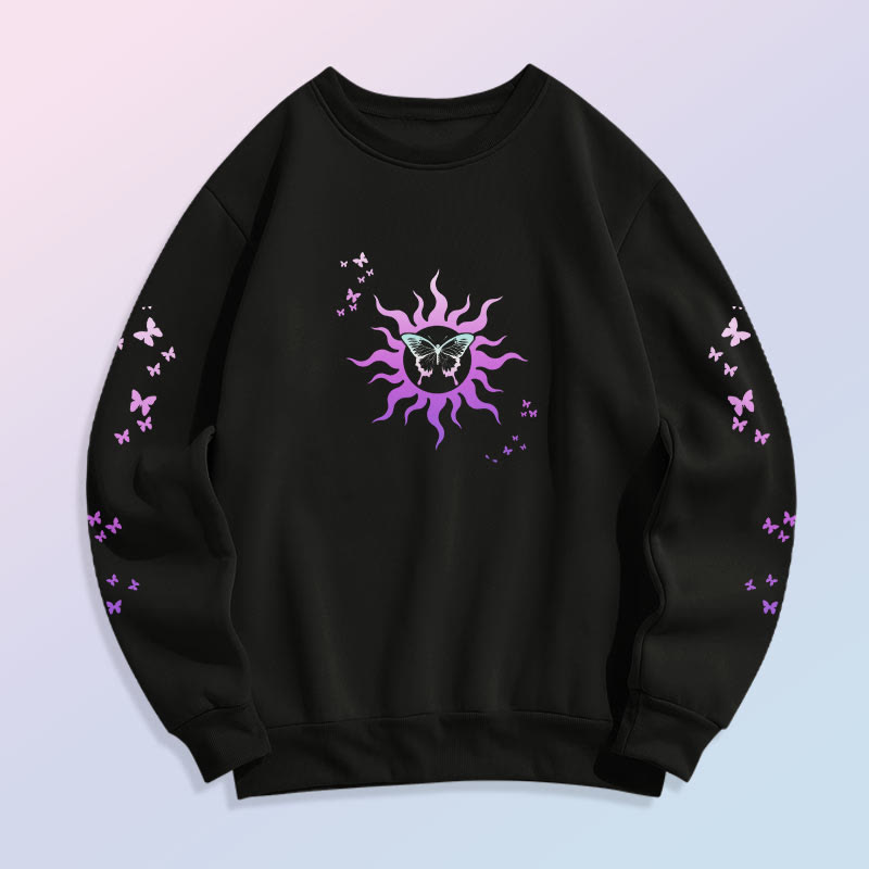 Modakawaグラデーション サン バタフライ プリント ラウンドカラー スウェットシャツ - Black A - 5XL - image 3