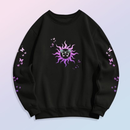 Modakawaグラデーション サン バタフライ プリント ラウンドカラー スウェットシャツ - Black A - 5XL - image 3