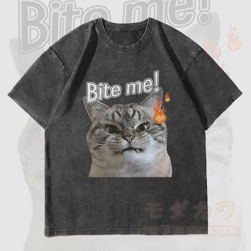 MODAKAWA BITE ME 怒った猫グラフィック ユニセックス ヴィンテージ ウォッシュTシャツ - 黒 - 4XL - image 4