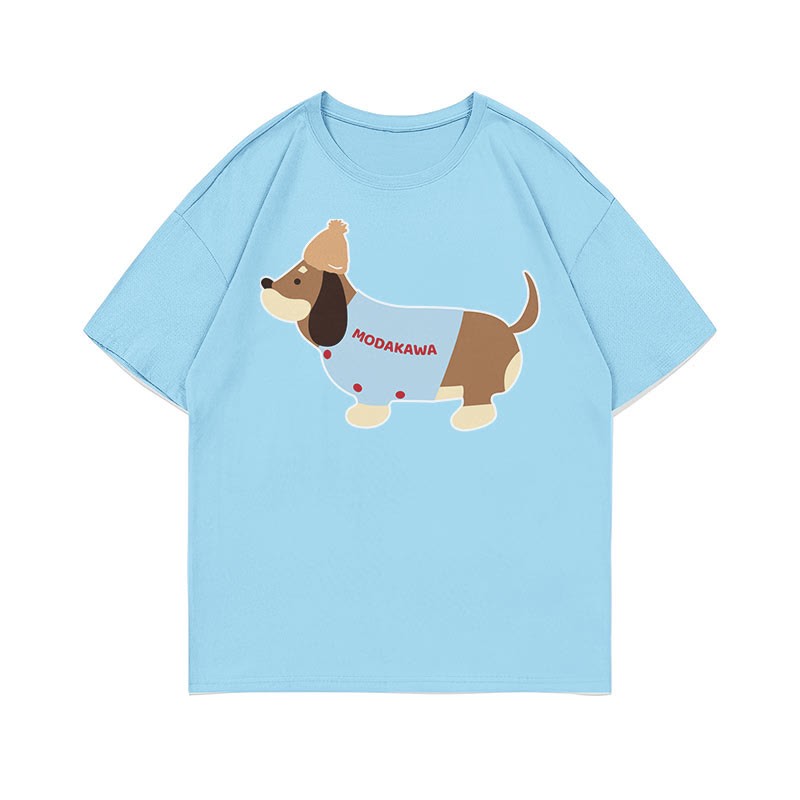 子犬プリント100%綿ModakawaTシャツ - Blue - 5XL - image 4