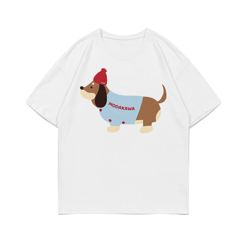子犬プリント100%綿ModakawaTシャツ - White - 5XL - image 2