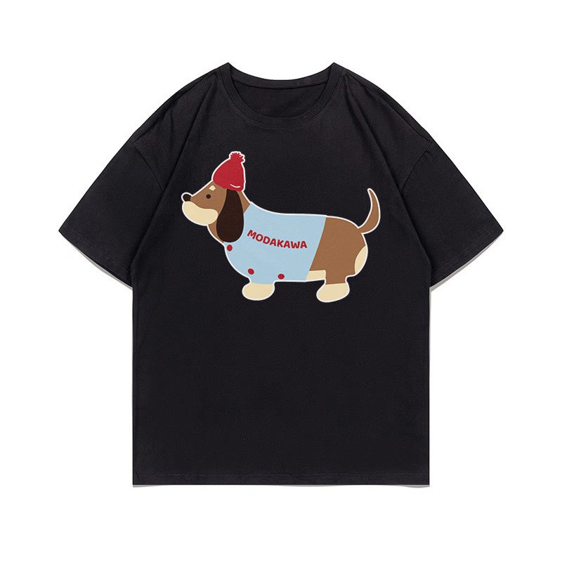 子犬プリント100%綿ModakawaTシャツ - Black - 5XL - image 1
