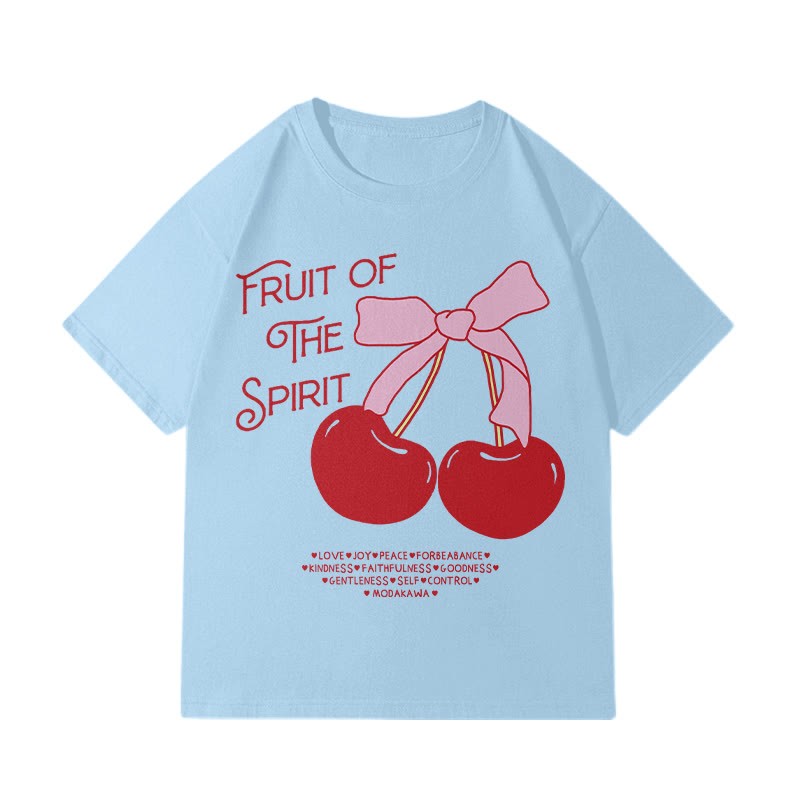 FRUIT OF THE SPIRITチェリープリント100%綿ModakawaTシャツ - Blue - 5XL - image 3