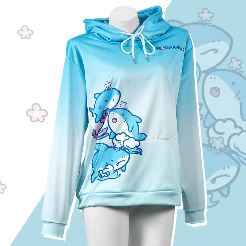 Modakawaグラデーション シャーク レタープリント ルーズ パーカー - Blue - 5XL - image 1