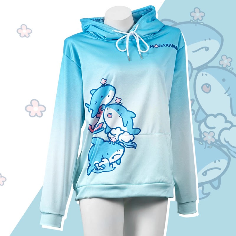 Modakawaグラデーション シャーク レタープリント ルーズ パーカー - Blue - 5XL - image 1