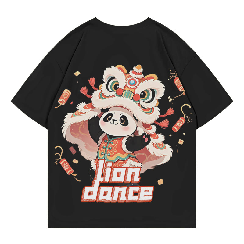 LION DANCEパンダプリント100%綿ModakawaTシャツ - Black - 5XL - image 2