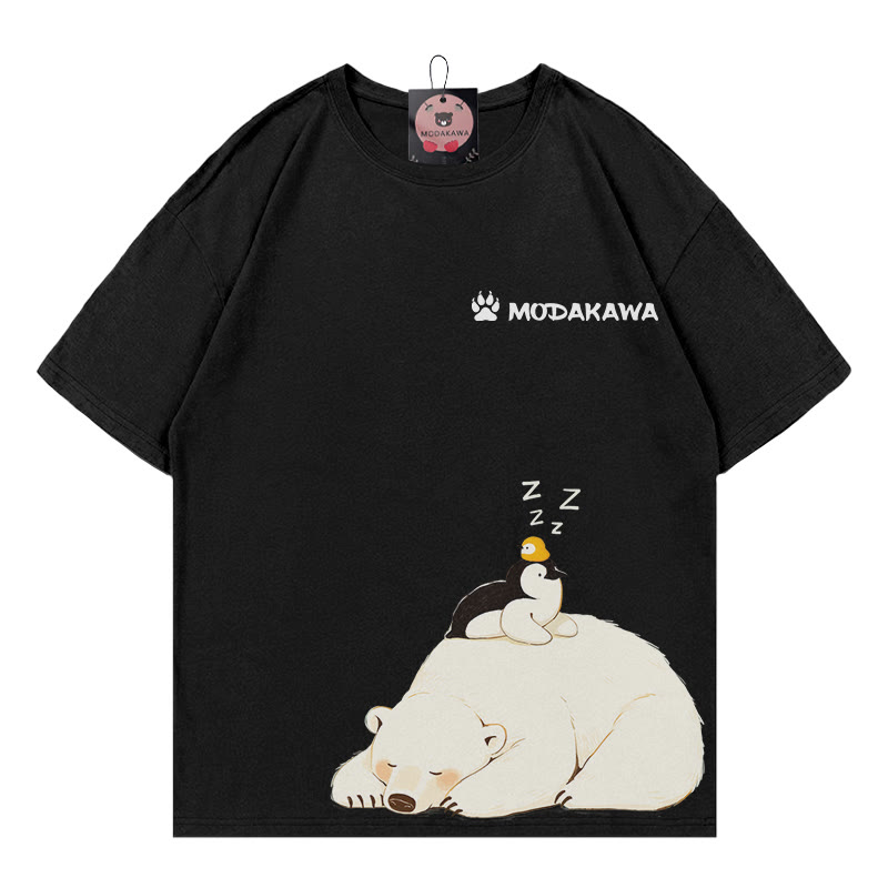 シロクマ ペンギン レタード100%綿ModakawaTシャツ - Black - 5XL - image 2