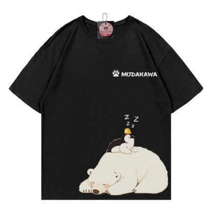 シロクマ ペンギン レタード100%綿ModakawaTシャツ - Black - 5XL - image 2