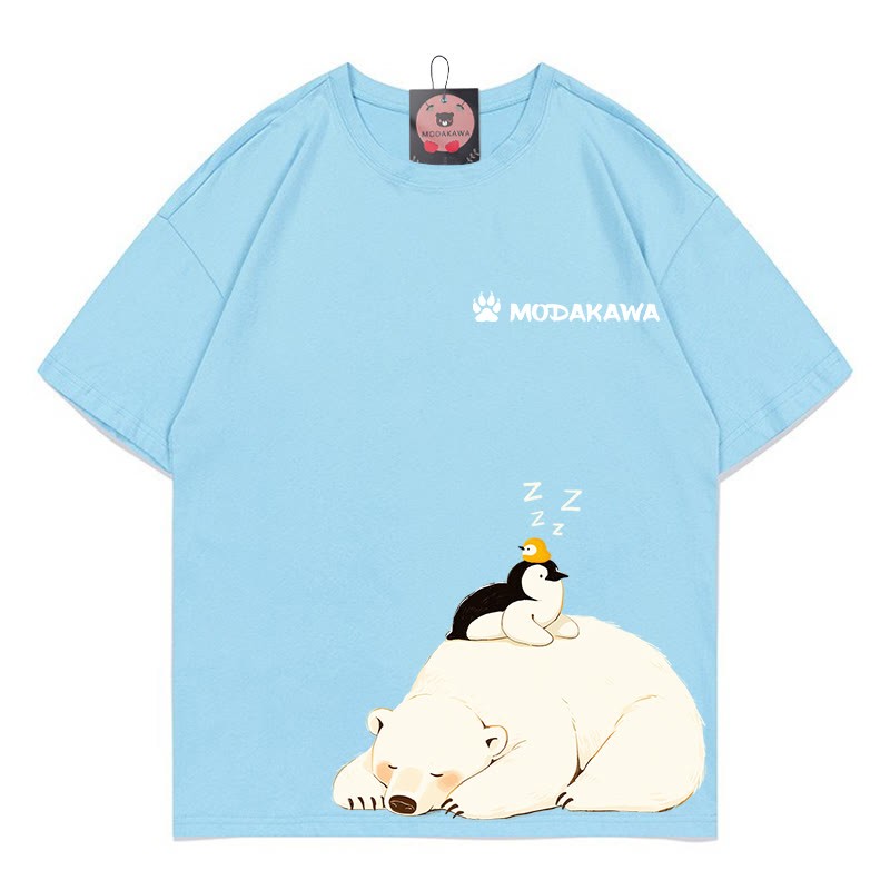 シロクマ ペンギン レタード100%綿ModakawaTシャツ - Blue - 5XL - image 1