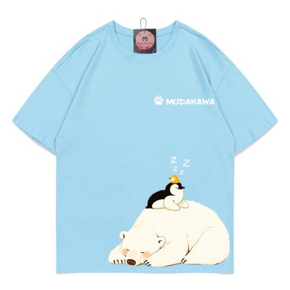 シロクマ ペンギン レタード100%綿ModakawaTシャツ - Blue - 5XL - image 1