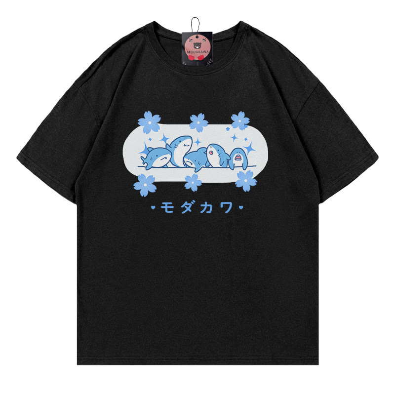 サメの文字プリント100%綿ModakawaTシャツ - Black - 5XL - image 1